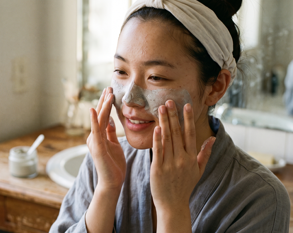 Woman applying facial mask